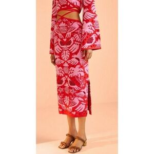 Farm RIO Red and Pink Jungle Scarf Knit Midi Skirt